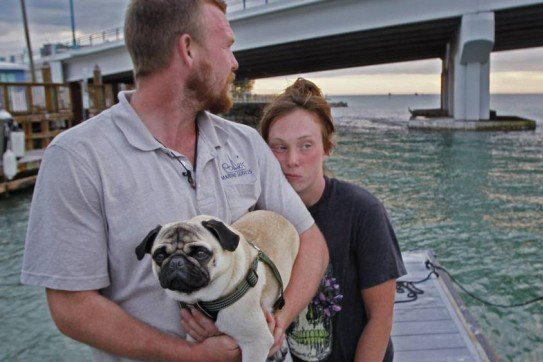 casal aparece triste segurando o cachorro enquanto olha para o mar