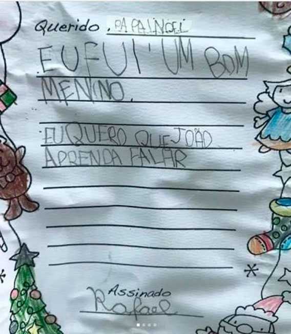 Foto: Bilhete que Rafael escreveu para o Papai Noel. Crédito: Reprodução/Instagram Quebrando o Tabu