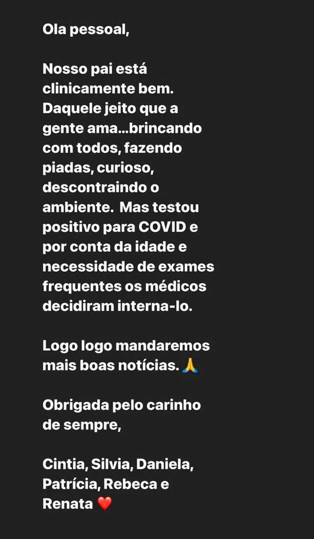 Publicação de Patricia Abravanel nos stories contando sobre a internação de SIlvio.