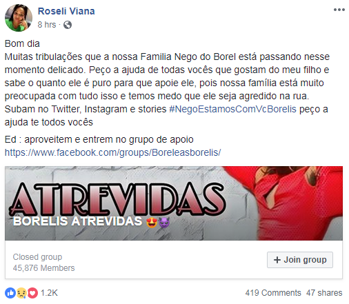 Mãe de Nego do Borel faz post em defesa do filho