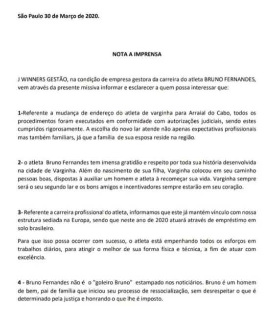 Nota divulgada pelo goleiro Bruno informa que ele se mudará para o Rio de Janeiro após assinar com clube-empresa da Europa (Reprodução/Instagram)