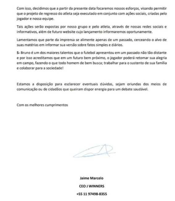 Nota divulgada pelo goleiro Bruno informa que ele se mudará para o Rio de Janeiro após assinar com clube-empresa da Europa (Reprodução/Instagram)