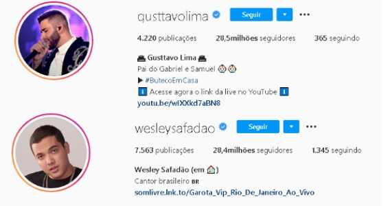 Perfis de Gusttavo Lima e Wesley Safadão (Reprodução/Instagram)