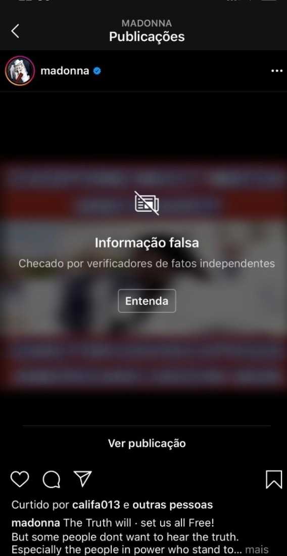 Após ser classificado como fake news, post de Madonna sobre cloroquina é apagado (Reprodução/Instagram)