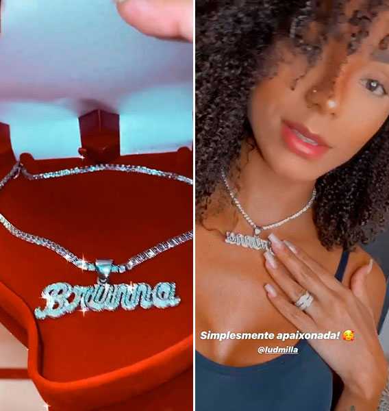 Foto: Montagem do colar que Ludmilla deu para a esposa e de Brunna usando a joia. Crédito: Reprodução/Instagram.