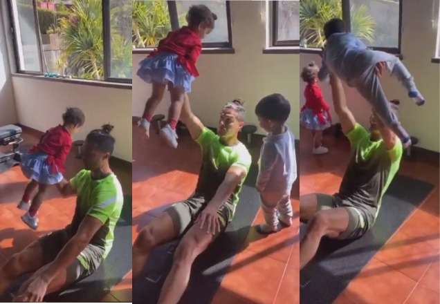 Em quarentena, Cristiano Ronaldo usa filhos para praticar exercícios físicos