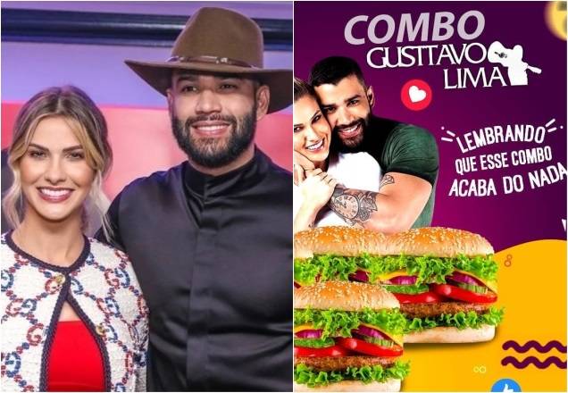 Montagem que mostra, à esquerda, uma foto do ex-casal Gusttavo e Andressa, e à direita, imagem da promoção