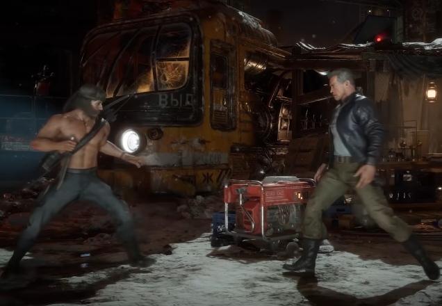 Rambo a esquerda e Exterminador a direita se enfrentando