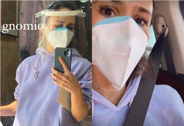 Tatá Werneck usa duas máscaras e face shield como proteção contra a Covid-19