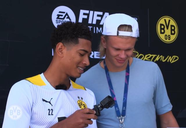 Imagem da reação de Haaland para seu rating no FIFA 22