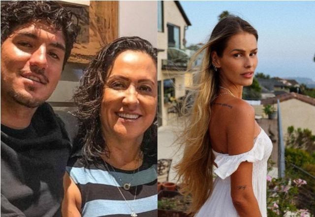 Gabriel Medina e Simone Medina abraçados à esquerda; Yasmin Brunet à direita