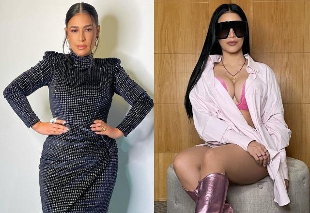 Simone com vestido cinza à esquerda; Simaria com lingerie rosa e camisa branca à direita