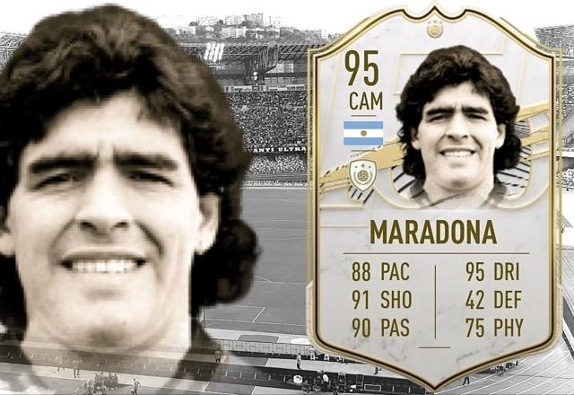 Imagem promocional da carta Icon de  Maradona no FIFA