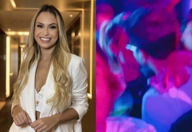 Foto de Sarah Andrade à esquerda; Foto de Sarah beijando rapaz durante show à direita