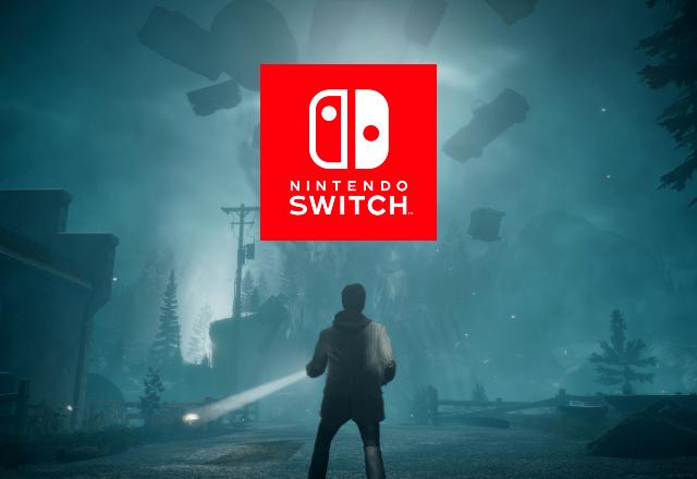 Montagem onde o protagonista de Alan Wake Remastered olha para cima e vê o logo do Nintendo Switch