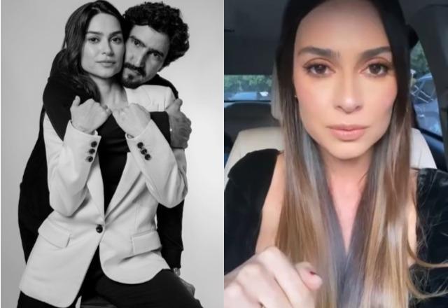Thaila Ayala abraçada com Renato Góes à esquerda; Thaila Ayala desabafando no Instagram à direita