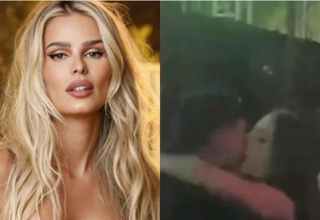 Yasmin Brunet fazendo carão à esquerda; Jade Picon e Gabriel Medina aos beijos à esquerda