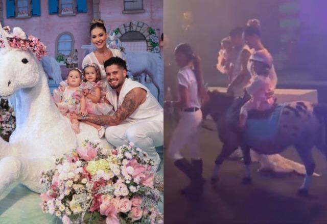 Virginia, Zé Felipe, Maria Alice e Maria Flor em aniversário de unicórnio