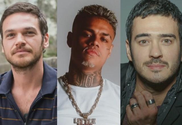 Montagem com foto de três atores da novela Vai na Fé