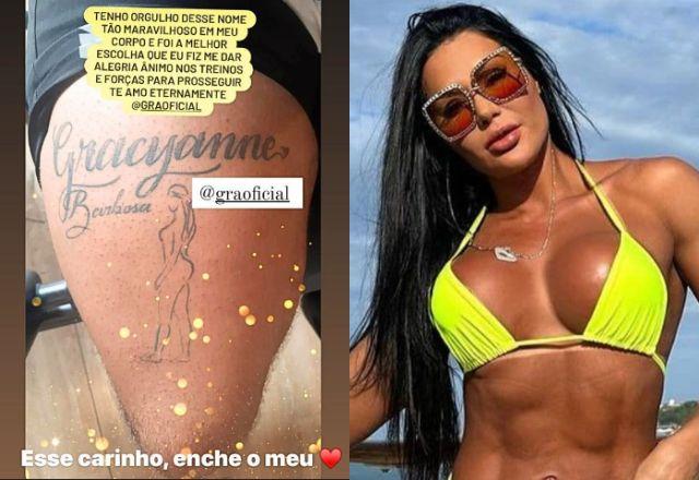 Na montagem aparece a foto de umas costas masculina com o nome da Gracyanne Barbosa tatuado junto com a silhueta musculosa na esquerda, e Gracyanne na direita