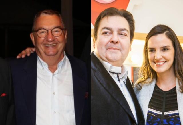 Montagem com duas Fotos, uma mostrando Faustão e sua esposa Luciana Cardoso, abraçados e a outra uma foto do músico Caçulinha, vestido de terno