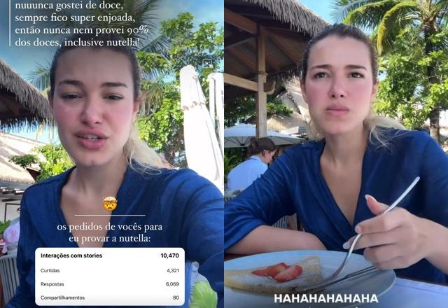 Montagem com fotos de Júlia Vieira comendo um doce com garfo e vestida de azul