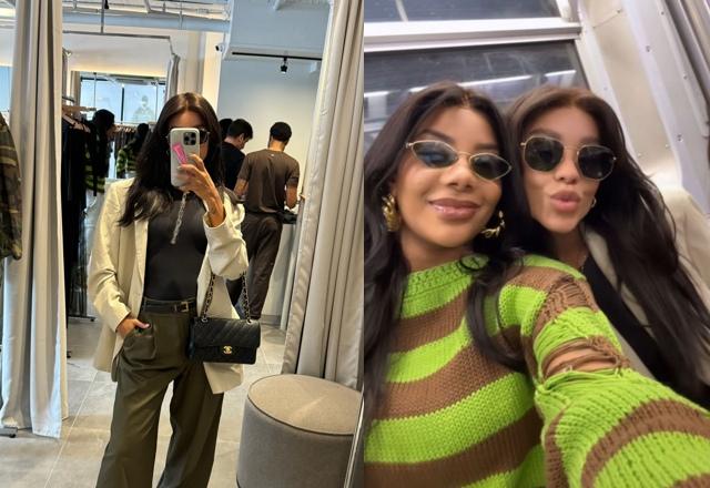 Montagem com fotos de Ludmila de férias em Nova York, uma com sua esposa Brunna Gonçalves, dentro do metrô, e outra tirando um selfie em frente ao espelho