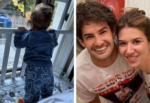Montagem com fotos de Benjamin, filho de Alexandre Pato e Rebeca Abravanel e do casal abraçados