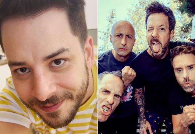Montagem com foto de Junior Lima, com o rosto bem próximo a câmera, e da banda Simple Plan