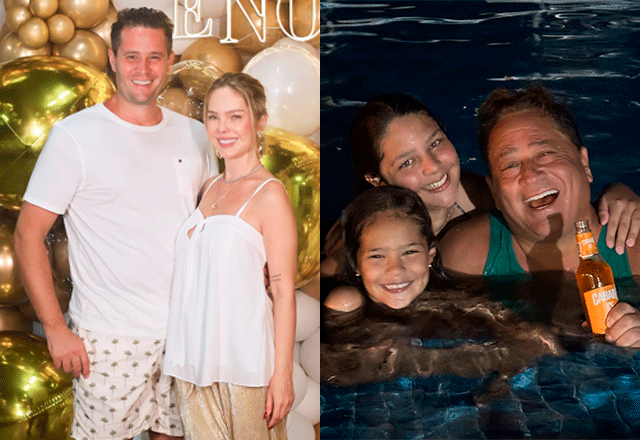 montagem com foto de Thais Gebelein ao lado de Pedro Leonardo com fotos de Leonardo com as netas