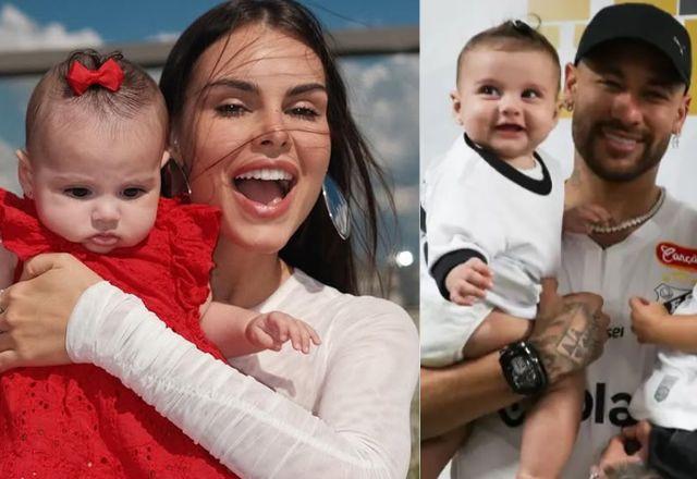 Amanda Kimberlly e Neymar posam com a filha, Helena, em fotos diferente