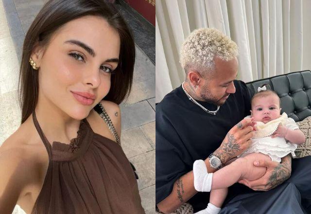 Na montagem aparece amanda Kimberlly do lado esquerdo, e Neymar segurando Helena no colo do lado direito