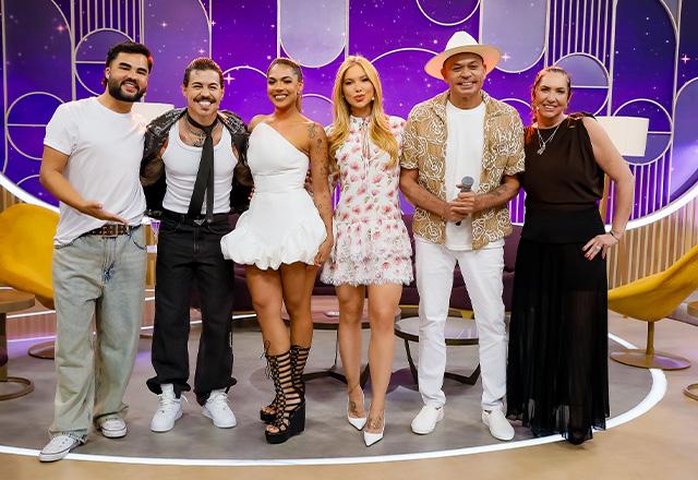Lucas Guedez, Biel, Tays Reis, Virginia, Frank Aguiar e Margareth Serrão posam juntos para foto.