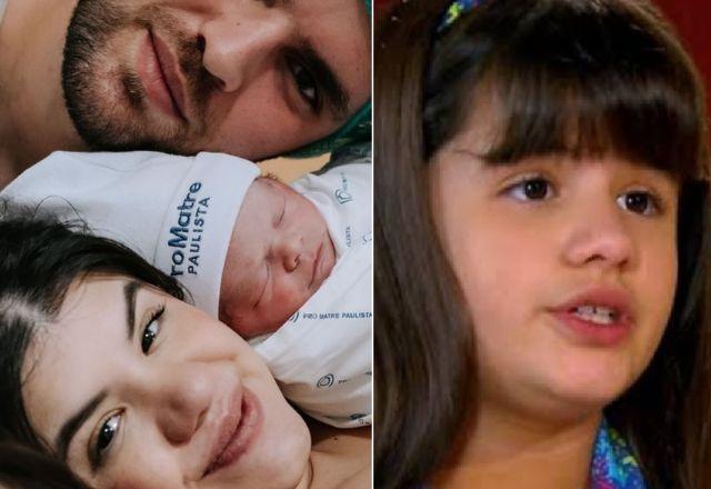 Carolina com o marido e a filha e foto dela como Dani de chiquititas