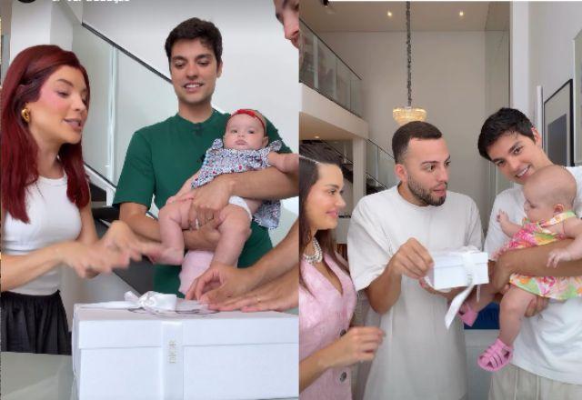 Bebê de Lucas Rangel e Lucas Bley recebe visita ilustre e mimos de luxo