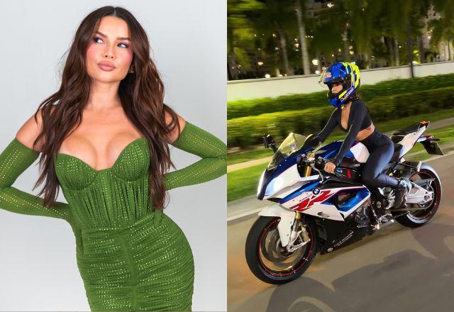 Juliette surge de moto, arrisca manobra e namorado dispara: 'Posso andar na sua garupa?'