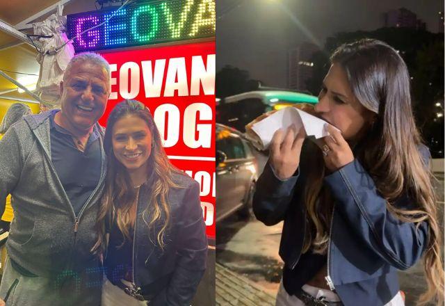 Simone Mendes com proprietário da barraca e foto dela comendo