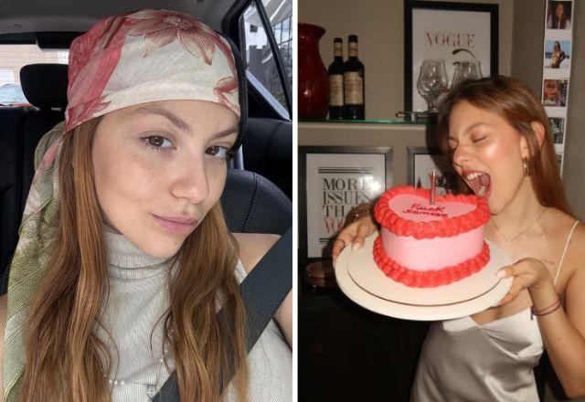 Bruna Furlan é fotografada olhando para o seu bolo de aniversário.