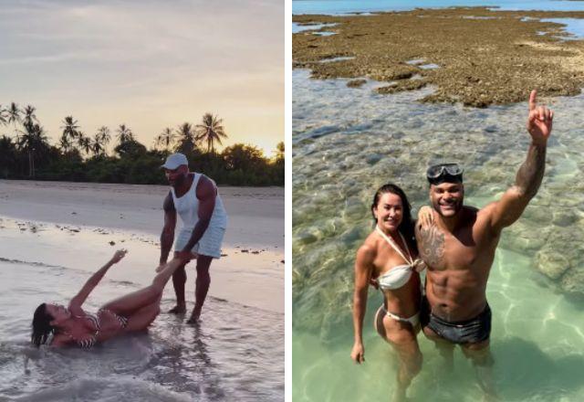 Tony Salles e Scheila Carvalho posam em foto na praia.