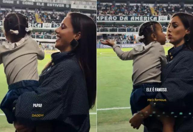 Mavie aparece ao lado de Bruna Biancardi na Vila Belmiro enquanto acompanha a partida do Santos e reage aos gritos da torcida