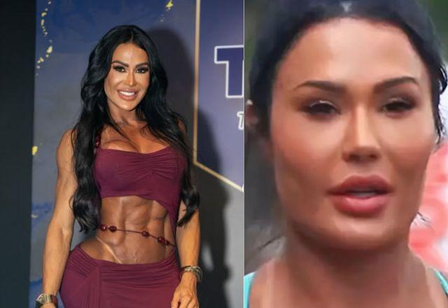 Na foto temos Gracyanne Barbosa com vestido vinho aberto pela área da barriga