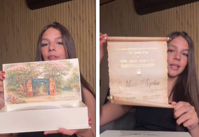 Maria Sophia mostra detalhes do convite de aniversário.
