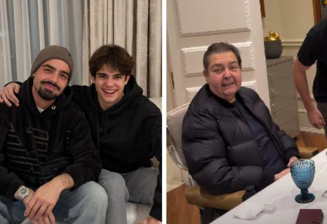 João e Rodrigo Silva postam para a foto, que ocupa metade do lado esquerdo. No lado direito, print do vídeo em que Faustão aparece.