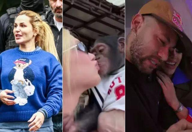 Montagem de foto de Deolane Bezerra presa, Virginia beijando um macaco e Neymar emocionado