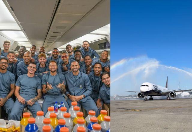 Imagem da notícia: Avião da Seleção chama atenção ao ser "batizado" antes de viagem Imagem da notícia: Avião da Seleção chama atenção ao ser "batizado" antes de viagem