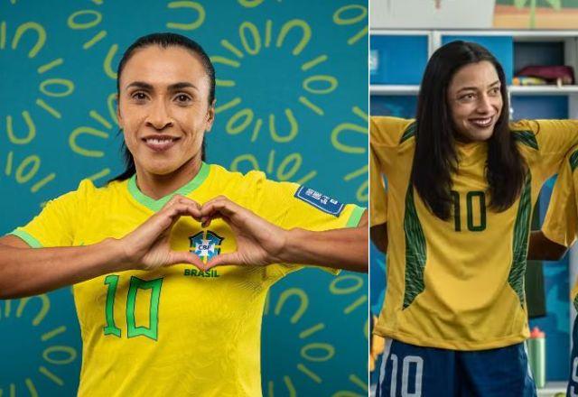 Foto de Marta com a camisa da seleção ao lado de foto de Alice Carvalho como Marta