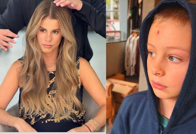 Na foto, Shantal Verdelho aparece durante um vídeo publicado nas redes sociais, no qual relata o acidente sofrido pelo filho Filippo durante um almoço em um restaurante.