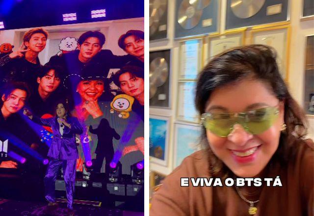 Roberta Miranda em show com uma foto do grupo BTS de fundo.