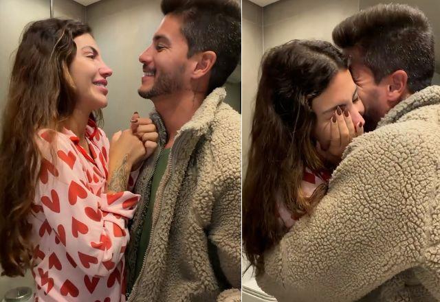 Arthur Aguiar e Jheny Santucci se emocionando com a descoberta