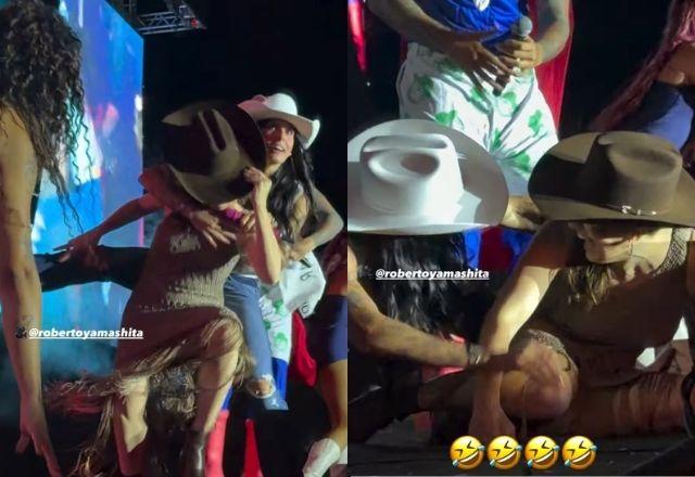 Imagem da notícia: Prefeita cai no palco ao dançar com Ana Castela durante show Imagem da notícia: Prefeita cai no palco ao dançar com Ana Castela durante show